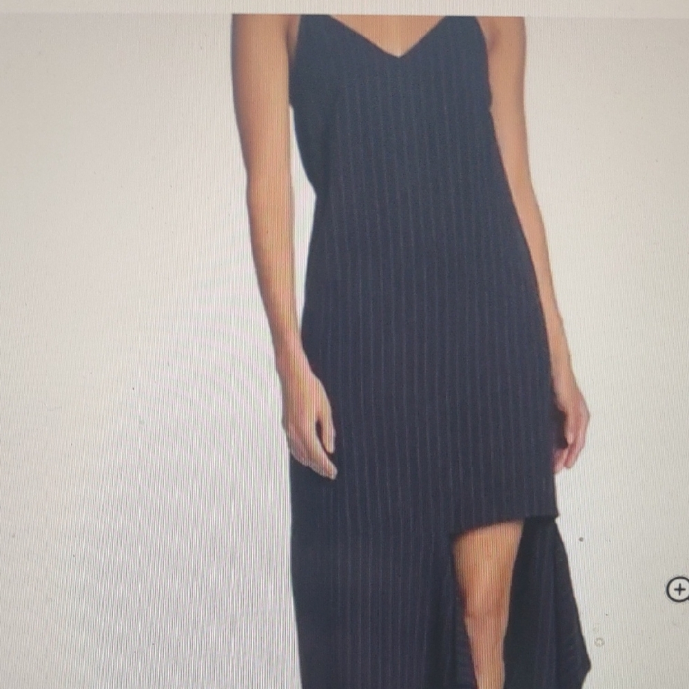 GREY LAB Navy Blue Asymmetrical Hem Striped Dress - LARGE